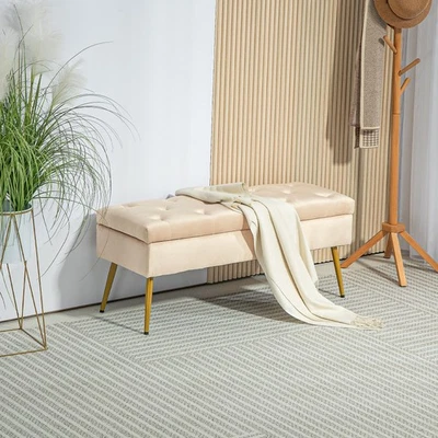 HOMCOM Sitzbank Polsterbank mit Stauraum Bettbank mit Samtoptik für Flur Beige - Bild 1 von 4