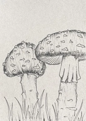 ACEO Original, Pen & Ink Mushrooms, Mini Art, Drawing, Toned Grey Paper - Image 1 of 2