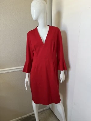 TRINA TURK Bright Red BEGONIA Rayon Knit V-Neck Bell Sleeve Sheath Dress Sz 12 - Image 1 of 4