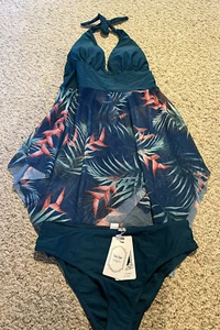 NWT Coeur de vague Swim Suit XL 2 Piece Green Floral - Picture 1 of 7