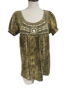 Art & Soul Womens Top Medium BOHO Browns Crochet Beaded 3/4 Sleeve Smock - Picture 1 of 7