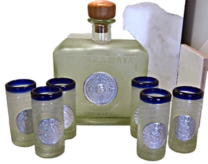 Costa Maya Mexiko blauer Rand Silbermedaillon mundgeblasen DOUBLE SHOT GLAS LEER - Bild 1 von 8