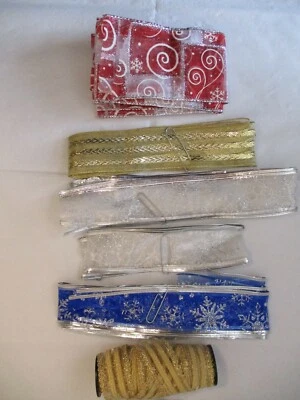 Christmas Wire Edge Ribbon Mixed Lot Gold Red Blue Silver 6 Pieces Used - Image 1 of 4