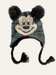 Disney Unisex Black Mickey Mouse Acrylic Knit Winter Laplander Hat Jumbo Tassles - Picture 1 of 4