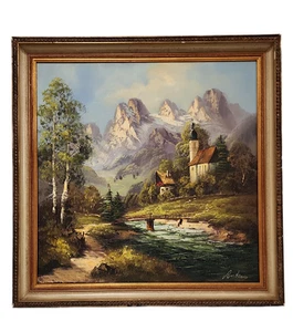 Oil on Canvas Impressionist Style Painting w/ Mountains, Church, River - Signed - Picture 1 of 19