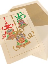 Crane & Company Christmas Bells Ecru Card and Gold Lined Envelope 5.5”x 7.4”