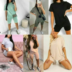 Women's Ladies Oversized T-Shirt and Cycling Shorts Active Gym sports Co ord Set - Picture 1 of 11