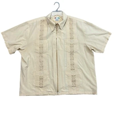 Moda  Classica Guayabera Cuban Shirt Mens XXL Beige Tan Embroidered Zip Up Gift - Image 1 of 4