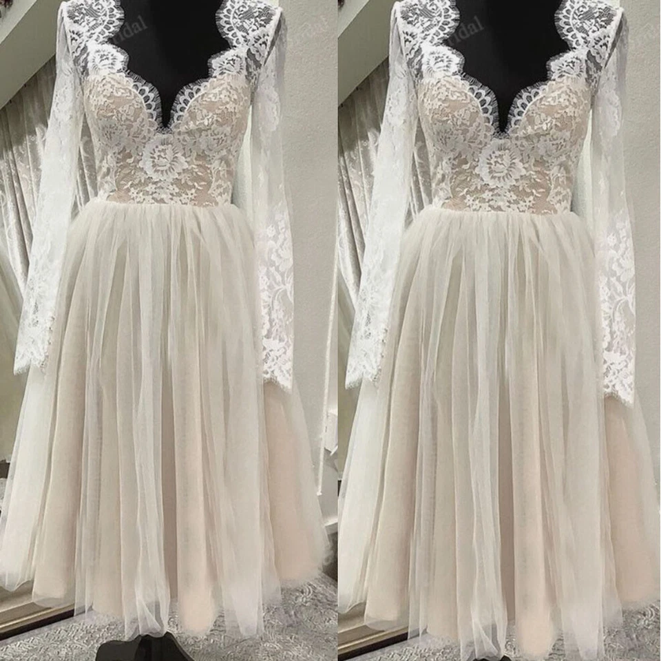 Champagne Short Wedding Dresses With Long Sleeves Lace Tea Length Bridal Gowns - Image 1 of 4