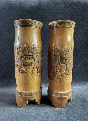 Винтажная китайская резная бамбуковая зеркальная ваза с ПОДПИСЬЮ - Изображение 1 из 4