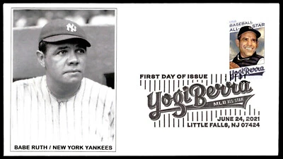 2021 Yogi Berra Forever Stamp FDC Babe Ruth NY Yankees Potrait Brock Cachet - Image 1 of 2
