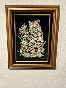 Vintage Black Velvet Leopard/Cheeta Cat Art Painting Signed - Picture 1 of 12