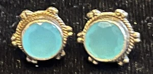 Sterling Silver Stud Pierced Earrings Round Blue-Green Quartz Rope Design - Picture 1 of 8