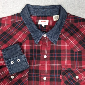 Levi's Western Pearl Franela a Presión Para Hombres Grande Rojo Cuadros Denim Cuello Puño Abatible - Imagen 1 de 12