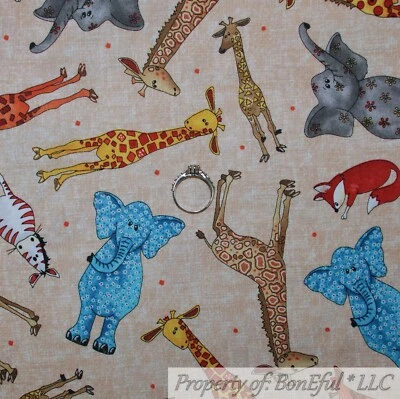 BonEful Fabric Cotton Quilt Brown Jungle Safari Gray Elephant Fox Baby USA SCRAP - Image 1 of 4