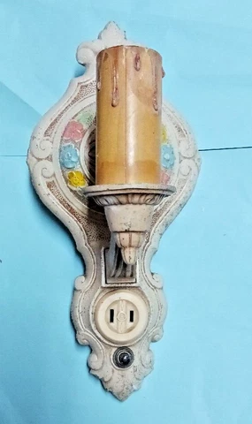 Vintage Antique Art Nouveau Floral Cast Wall Sconces Electric + Mounting Screw Cover