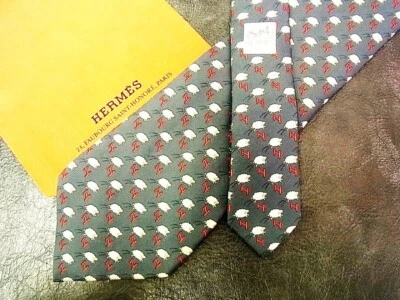 Corbata de cuello HERMES seda amarillo verde logotipo vendedor de Japón N0103 50 Hecha en Francia Foto 1 de 2