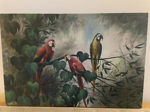 Parrots in the wild Oil painting on canvas. Signed by artist Fine art - Picture 1 of 11