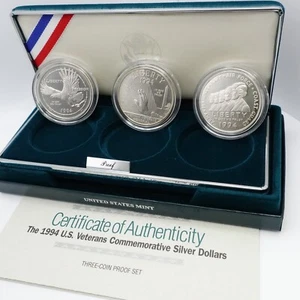 1994 P U.S Mint Veterans Commemorative Silver 3 Coins Proof Set OGP COA #25 - Picture 1 of 12