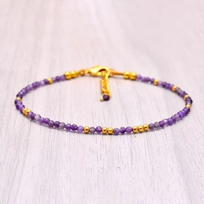 Pulseras hechas a mano unisex con cuentas de piedras preciosas facetadas de amatista y oro de 6-8" Foto 1 de 4