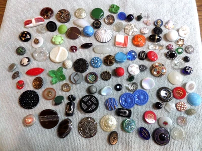111 Vintage Antique Glass Picture Buttons VARIOUS SHAPES SIZES COLORS PATTERNS - Image 1 of 4