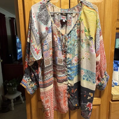 Blusa para mujer Johnny Was talla grande XXL manga 3/4 semi transparente multicolor Foto 1 de 4