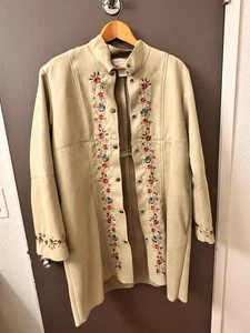 Susan Bristol Embroidered Floral Long Faux Suede Coat SZ Large - Picture 1 of 8