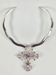 Vintage Kreuz Anhänger Halskette Set Strass Halsreif silberfarben signiert - Bild 1 von 11