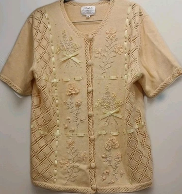 Susan Bristol M Hand Embroidered Floral Knit Cardigan Vintage Grannycore Yellow - Image 1 of 4