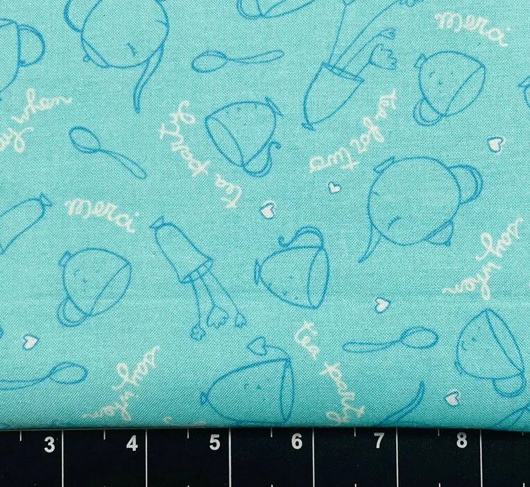 Coffee Tea Party Café Cup Latte Toss Aqua Cute Flower FABRIC 9"x21" COTTON - Image 1 of 1