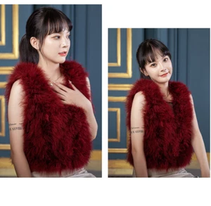 Girls Real Fur Vest Ostrich Feather Waistcoat Bride Wedding Gilet Short Wine Red - Picture 1 of 7