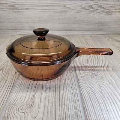 Pyrex Vision Corning Ware Amber Glass .5L Sauce Pan Pot Lid Kitchen Cookware Vtg - Image 1 of 4