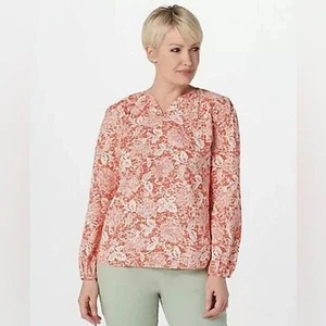 Denim & Co Naturals Size 3X Long Sleeve Linen Blend Floral Print Top Blouse - Picture 1 of 8