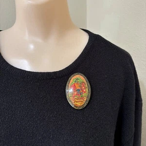 Russian Mctepa Mstera Lacquer Brooch Hand Painted Oval Pin Signed 70s Vintage - Picture 1 of 4