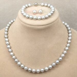 Genuine 7-8mm Natural Gray Freshwater Pearl Necklace Bracelet Earrings Set AAA