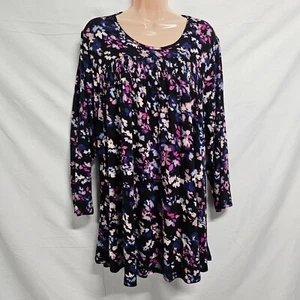 Lane Bryant Women Top Blouse Shirt Size 22/24 Black Floral Round Neck 3/4 Sleeve - Picture 1 of 14