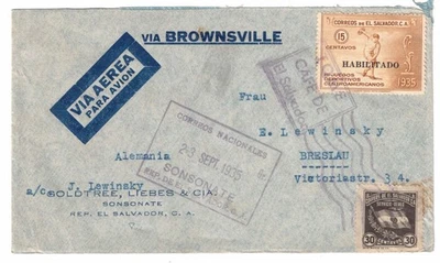 Cubierta de correo aéreo de El Salvador 1935 a Breslau Alemania Foto 1 de 2