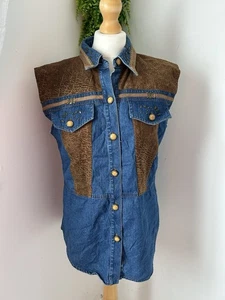 Vintage Christina Hope Denim Waistcoats Brown & Blue Moleskin Uk 8 - Picture 1 of 10