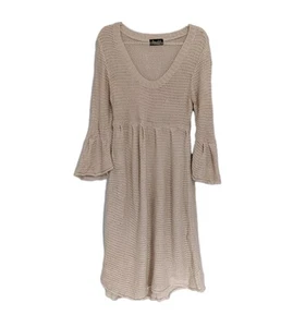 Bardot Beige Knit Dress Size 12 Scoop Neck Bell Sleeves Fitted Bodice Open Weave - Picture 1 of 14
