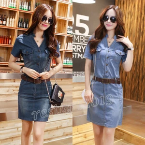 Damen Sommer lässig schmale Passform kurzärmelig gewaschen Denim Gürtelshirt Kleid S-3XL - Bild 1 von 13