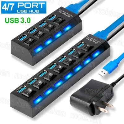 USB 3.0 Hub 4/7 Port Splitter Adapter Verteiler mit Netzteil Schalter EU-Stecker - Bild 1 von 4