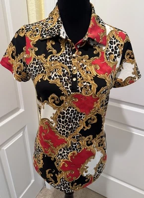 Camisa Polo de Golf CHICOS Zenergy Barroco Estampado Animal Estrás Botones Talla 0 Foto 1 de 4