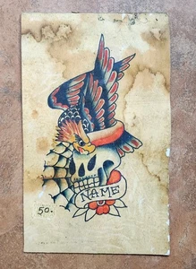 vintage shop print 1970s bert grimm pike eagle web skull tattoo flash cut 6x10 - Picture 1 of 2
