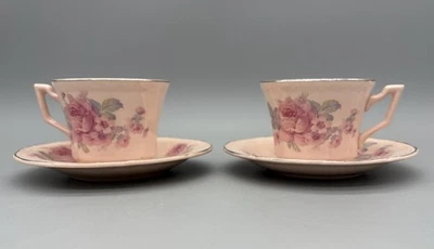 Juego de 2 tazas de té y platillos vintage rosa floral Edwin M. Knowles Alice Annglow RARO Foto 1 de 4