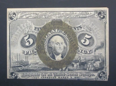 1863 US Five Cents (5C) Fractional Currency Note ~ 2nd Issue ~ Very Fine - Image 1 of 2
