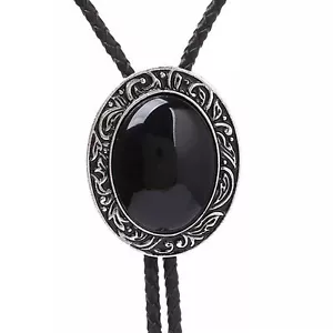 Schwarz Achat Herren Bolokrawatte Hochzeit Halskette PU Leder Seil Western Cowboy Stil - Bild 1 von 6