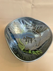 Large Glazed Studio Pottery Fruit Bowl Signed BUXO - Dark Greeny Blue Black - Picture 1 of 24