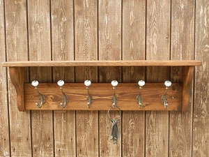 Solid wood Hat & Coat Rack with shelf and ceramic hooks, Tudor oak finish - Picture 1 of 5