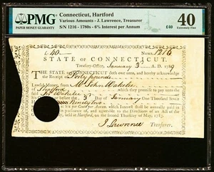1780's Connecticut Colonial Trerasury Note - Fascinating Colonial Doc - PMG 40 - Picture 1 of 2
