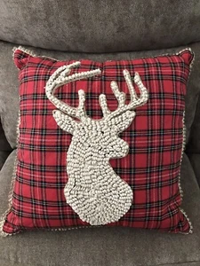 Tartan Red Plaid Throw Pillow Buck Deer Antlers 3D Rustic Cabin Lodge Country - Picture 1 of 17